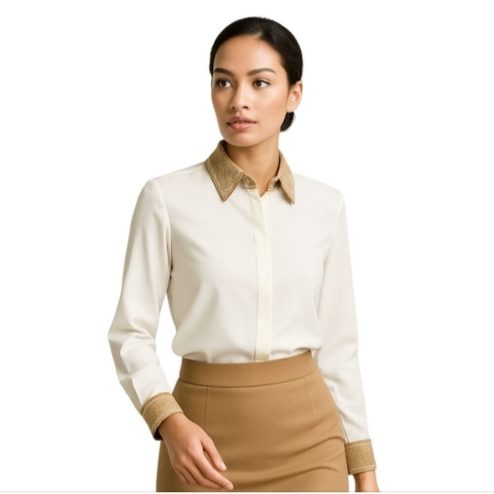 Susan Bristol Vintage Off White Gold Paisley Embroidered Collar & Cuff Blouse